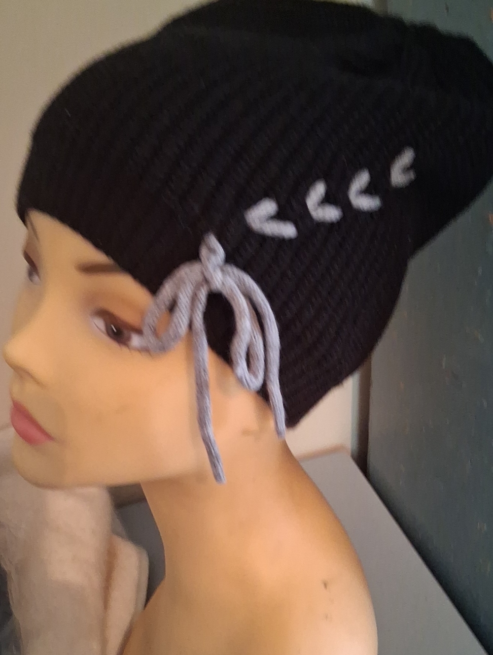 Black Knit Beanie with Gray Accent Bow With Matching Scarf. Women Accessories